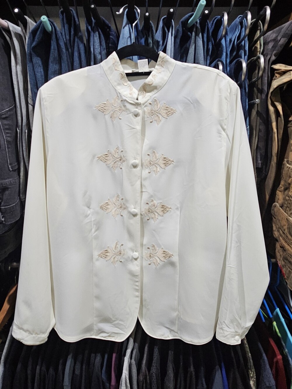 Classic Susan Hutton polys silk embroidered blouse 14W Vintage Nehru Mandarin